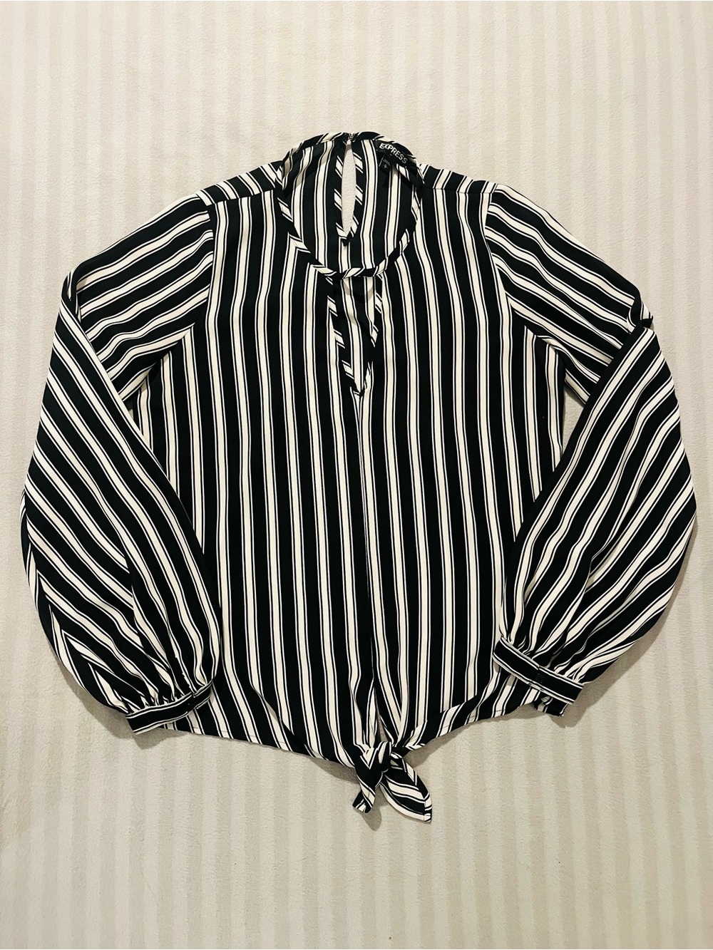 Express Black & White key hole Vertical Stripe Tie-Front Blouse